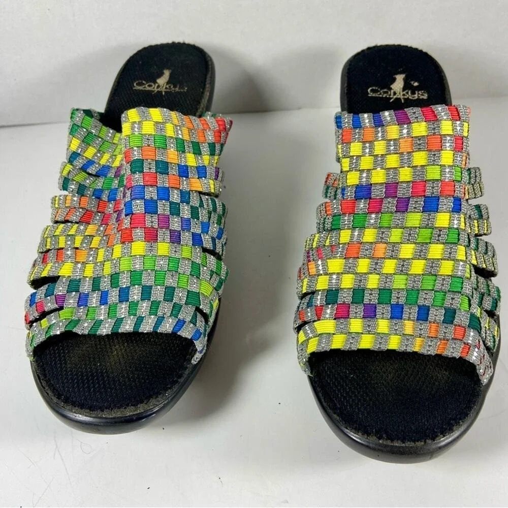 Corkys Rainbow Woven Wedge Sandals Silver Sparkle Slides Size 9